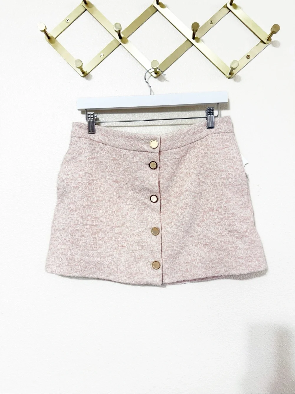 Frame The Tweed Light Pink Gold Button Front A-Line Mini Skirt NEW Size 8 - Picture 8 of 13